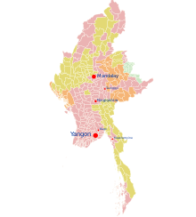 Territorial control during Myanmar civil war (2021-present) as of early 2022. Myanmar civil war (2021-present) townships map.svg
