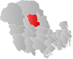 Mapa do condado de Vestfold og Telemark com Hjartdal em destaque.