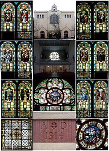 St. Lucy's Church (Manhattan) Left column top to bottom: East aisle windows and one of two nave skylights; Center from top to bottom: Front (North) Elevation, Interior view from south to north rose window, Interior view of north rose window, and exterior view of front facade cornerstone dated 1914; Right column from top to bottom: West aisle windows and detail of rose window. NYC.St.LucyRC Ch.338-342 104th St.1914-1915.Taken by James Russiello.jpg
