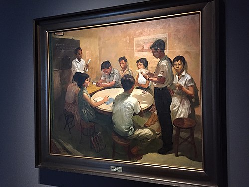 Chua Mia Tee, National Language Class, 1959, Oil on canvas, 112 x 153 cm, Installation view at the National Gallery Singapore