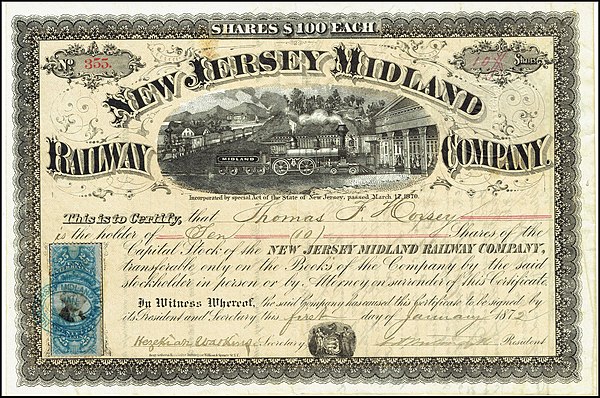 Share of the New Jersey Midland Railway Company, issued 1 January 1872