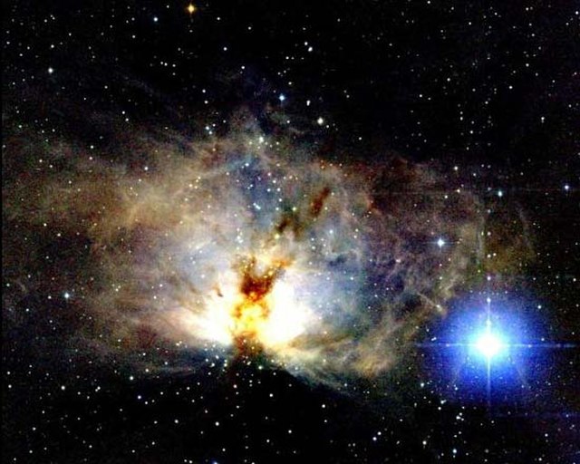 Alnitak is a triple star system with an O9.7 supergiant and an O9 giant as well as a B0 giant. These stars illuminate the nearby Flame Nebula.