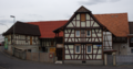 English: Half-timbered building in Nidda, Unter-Schmitten Vogelsbergstrasse 1, Hesse, Germany This is a picture of the Hessian Kulturdenkmal (cultural monument) with the ID Unknown? (Wikidata)