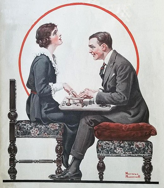 Norman Rockwell cover of the May 1, 1920 issue of The Saturday Evening Post, showing a Ouija board in use.