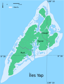 Kolorowa mapa przedstawiająca wyspy Yap z fioletowymi liniami granicznymi