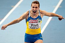 Pre-race favourite Olesya Povh of Ukraine won the 60 m sprint. Olesya Povh Paris 2011.jpg