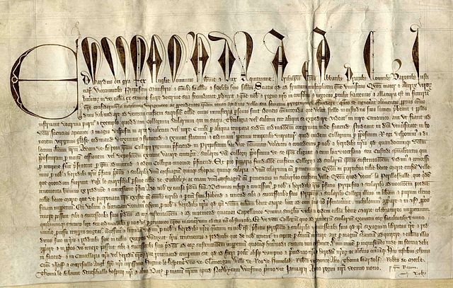 The college charter of 1326 given by Edward II. The concluding nine words give the date as 21 January in the nineteenth year of his reign.