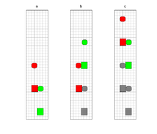 Pacing diagram for Virginia opossum - key: rectangles represent hind tracks, ellipses are fore tracks, left tracks are red, right are green. (a) the position of the four feet frozen in mid-pace. (b) the opossum brings right fore and hind feet forward. (c) the opossum brings left fore and hind feet forward. One grid square represents one square inch. Pacing diagram opossum.png