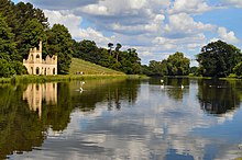 A view of Painshill Park over the lake towards the vineyard. Painshill Park, view over the lake towards the vineyard.jpg