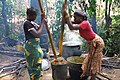 Zwei Frauen stampfen Palm-Früchte und kochen das Öl aus.