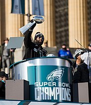 Malcolm Jenkins, Eagles safety from 2014 to 2019, with the Vince Lombardi Trophy. Philadelphia Eagles Super Bowl LII Victory Parade (40140584832) (cropped).jpg
