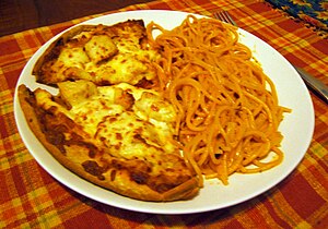 "Pizza-ghetti", a staple in many family restaurants and diners.