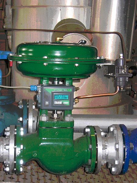 Globe control valve with pneumatic actuator and "positioner". This is a servo which ensures the valve opens to the desired position regardless of fric