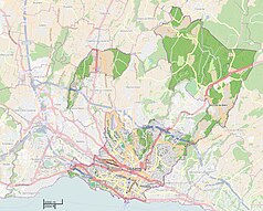 Mapa konturowa Lozanny, blisko dolnej krawiędzi znajduje się punkt z opisem „Centrum Studiów Olimpijskich”