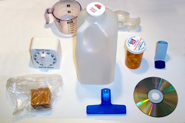 Household items made of various types of plastics