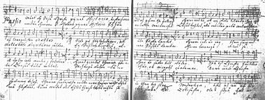 The beginning of Vulpius' St Matthew Passion in Pori trivial school's Discantus part book (1725). Text in Swedish and in Finnish