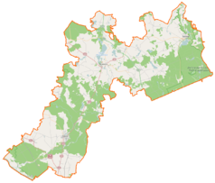 Mapa konturowa powiatu myśliborskiego, blisko dolnej krawiędzi po lewej znajduje się punkt z opisem „Sarbinowo”