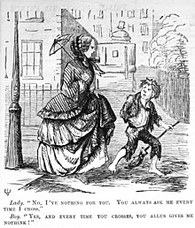 1853 cartoon in the British magazine Punch showing a crossing sweeper demanding (and being refused) payment from a well-to-do woman. PunchCartoon crossing sweeper.jpg