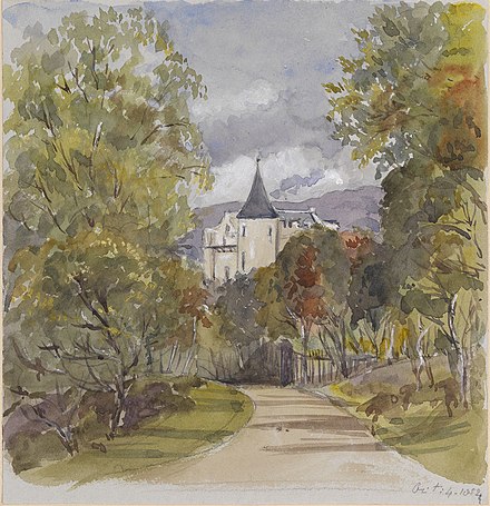 Balmoral Castle, painted by Queen Victoria in 1854 during its construction
