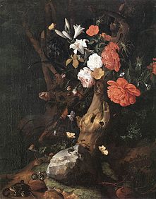 Blomme op 'n boomstam; dit is 'n tipiese voorbeeld van die "bosvloer"-genre wat deur Marseus van Schrieck gewild gemaak is