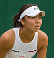 Riko Sawayanagi competing in the first round of the 2015 Wimbledon Qualifying Tournament at the Bank of England Sports Grounds in Roehampton, England. The winners of three rounds of competition qualify for the main draw of Wimbledon the following week.