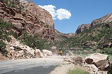 Rockfall in Utah, USA Rockfall on the Zion-Mount Carmel Highway (5895397668).jpg