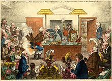 Satirical cartoon by James Gillray showing a Royal Institution lecture, with Humphry Davy holding the bellows and Count Rumford looking on at extreme right Royal Institution - Humphry Davy.jpg