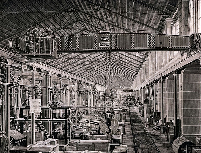 Example of steam powered overhead crane from 1875, produced by Ludwig Stuckenholz AG, Wetter an der Ruhr, Germany. Design developed by Rudolf Bredt fr