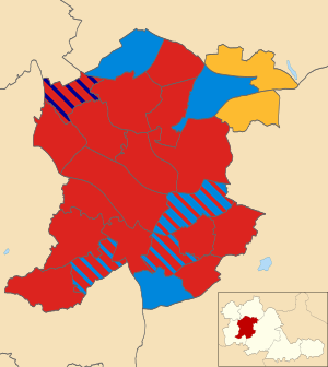 Map of the results of the 2004 Sandwell council election. Labour in red, Conservatives in blue, Liberal Democrats in yellow and British National Party in dark blue. Sandwell UK local election 2004 map.svg