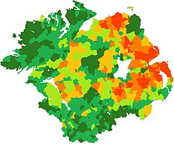 Percentage of Protestants in each electoral division in Ulster, based on census figures from 2001 (UK) and 2006 (ROI).
0-10% dark green, 10-30% mid-green,
30-50% light green, 50-70% light orange,
70-90% mid-orange, 90-100% dark orange. Scaoileadh Creidimhin in UlaidhReligious Division of Ulster.jpg