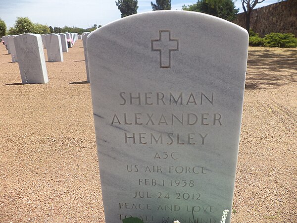 Hemsley grave marker at Fort Bliss National Cemetery in El Paso Texas, 2016.