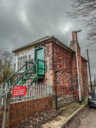 The Grade II listed signal box at Shildon, believe to have been designed by Thomas Prosser. Shildon Signal Box.jpg