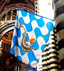 Flag of Onda contrada hanging in the cathedral of Siena Siena - Flagge der Contrada Onda.JPG