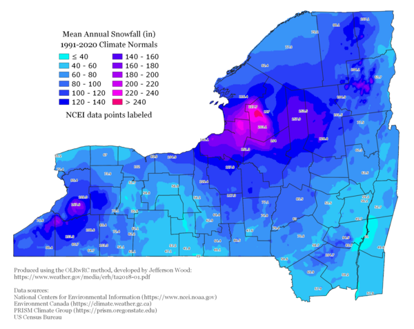 Mean annual snowfall (in inches) for Upstate New York, using 1991-2020 climate normals. Snowfall is especially prevalent within the lake-effect snowbelts of western and north central New York.