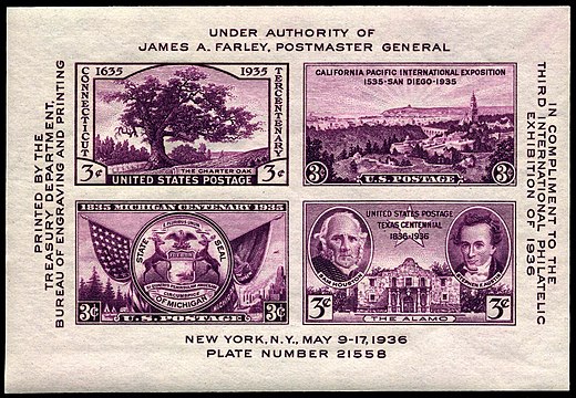 Памятный почтовый блок США по случаю III Международной филателистической выставки (TIPEX) в Нью-Йорке в 1936 году