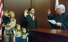 Florida House Speaker Rubio, Miami, officially sworn into office by Judge R. Fred Lewis, with Jeanette and the three oldest children at his side, in 2006 Speaker Rubio being sworn in as family stands by his side.jpg