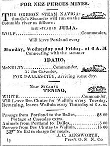 Advertisement for the Tenino and other steamers of the Oregon Steam Navigation Company, published in the Walla Walla Statesman, April 5, 1862. Steamboat Tenino advertisement 1862.jpg