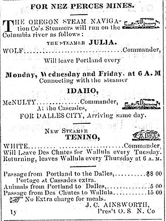 Advertisement for steamboats of the Oregon Steam Navigation Company, including Idaho on the middle Columbia Steamboat Tenino advertisement 1862.jpg