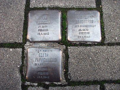 Stolperstein for Felix Hausdorff and his family members in Bonn.