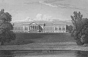 The south or garden front of Stowe from Jones' Views of the Seats of Noblemen and Gentlemen (1829). All of the top floor windows in the earlier version of this front were sacrificed for the sake of architectural effect. The remaining top floor rooms all face sideways. Stowe House - fachada sul (1829).jpg