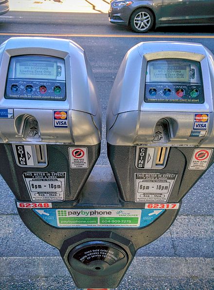 Parking meters deployed by City of Vancouver that accept coins and credit card. Telephone payment is also accepted for pre-registered payment account. Rate vary depending on location and are stated on the top side, under the timer or on a screen at the top of the meter.