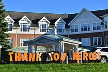 "Thank You Heroes" sign at a long-term care home in Markham, Ontario SunriseOfUnionvilleThankYouHeros.jpg