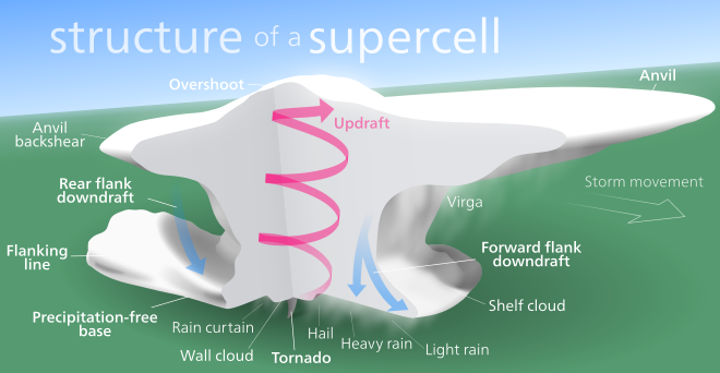 Structure of a supercell. Northwestward view in the Northern Hemisphere