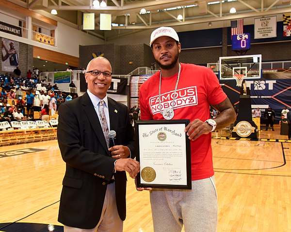 Boyd Rutherford, the Lieutenant Governor of Maryland, with Carmelo Anthony (at right) during the tournament. Anthony acted as host for the tournament 