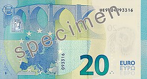 Verso of 20 euro banknote (series ES2) with holographic foil over the window (upper left side)