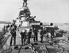 A wartime photograph of a working party scrubbing the deck of HMS Revenge's fo'c'sle. The Royal Navy during the Second World War A1504.jpg