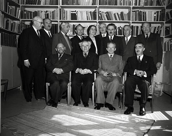 Ministers of the Fourth Government with the President on 24 December 1952. Sitting from left to right: Ben-Zion Dinor, David Ben-Gurion, President Yit