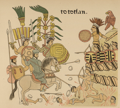Tlacuilo Tlaxcalteca ilustra a los Tlaxcaltecas armados con espadas de acero españolas combatiendo a lado de caballería, Conquista de Tototlan en el Lienzo de Tlaxcala 1552 .