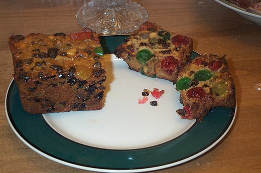 Traditional American fruitcake with fruits and nuts.