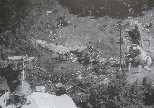 (L to R) Separated tail, wing and nose sections at the crash site